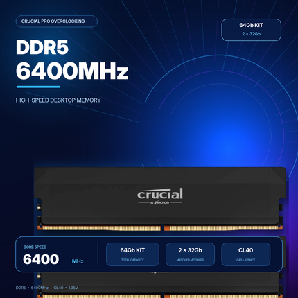 Crucial Pro 64GB 2 x 32GB DDR5 6400MHz CL40 UDIMM Desktop Memory Module