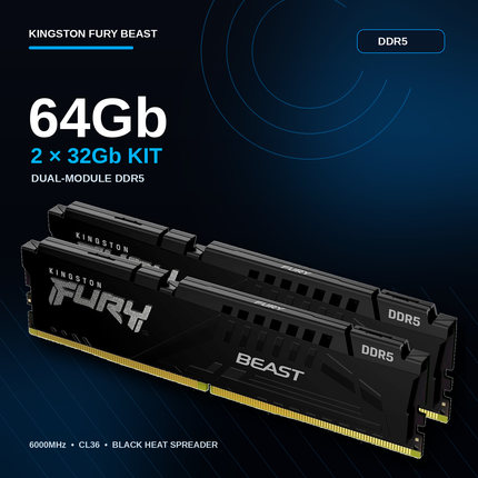 Kingston FURY Beast 64GB 2 x 32GB DDR5 6000MHz CL36 UDIMM Desktop PC RAM