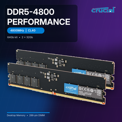 Crucial 64GB 2 x 32GB DDR5 4800MHz CL40 Desktop Computer Memory Module