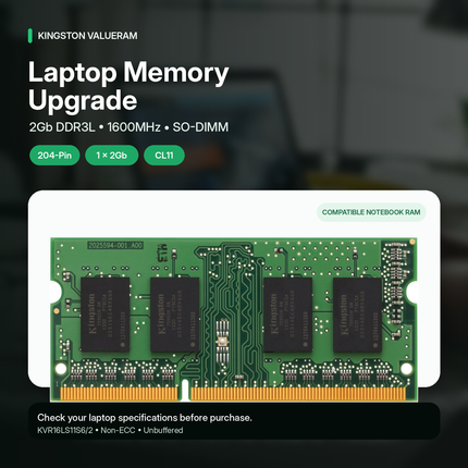 Kingston ValueRAM 2GB DDR3L 1600MHz CL11 SO-DIMM Laptop Computer Memory