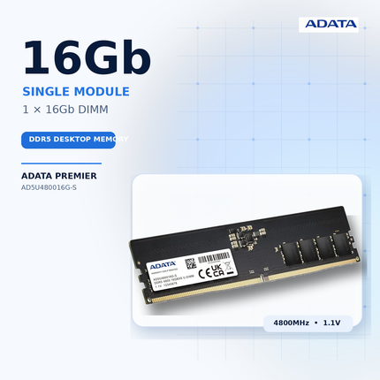 ADATA Premier 16GB 1 x 16GB DDR5 4800MHz CL40 UDIMM Desktop Memory Module