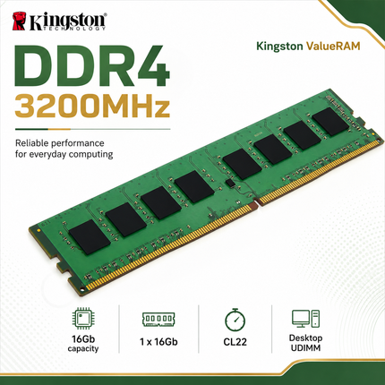 Kingston ValueRAM 16GB DDR4 RAM 3200MHz CL22 UDIMM Desktop Memory Module