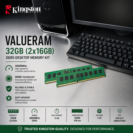 Kingston ValueRAM 32GB DDR5 RAM 4800MHz CL40 UDIMM Desktop Memory Module