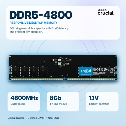 Crucial 8GB 1 x 8GB DDR5 4800MHz CL40 UDIMM Desktop Computer Memory Non-ECC