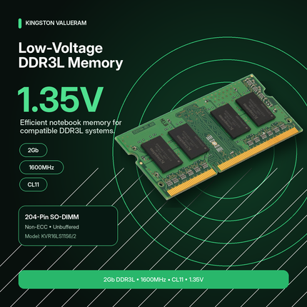 Kingston ValueRAM 2GB DDR3L 1600MHz CL11 SO-DIMM Laptop Computer Memory