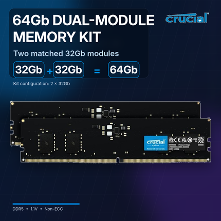 Crucial 64GB 2 x 32GB DDR5 4800MHz CL40 Desktop Computer Memory Module