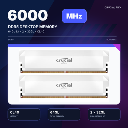 Crucial Pro 64GB 2 x 32GB DDR5 6000MHz CL40 UDIMM Desktop Memory Module