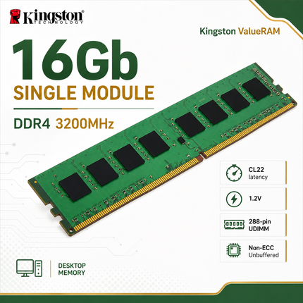 Kingston ValueRAM 16GB DDR4 RAM 3200MHz CL22 UDIMM Desktop Memory Module