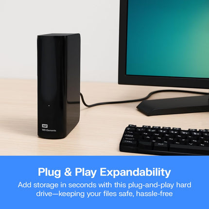 WD Elements 16TB Desktop External HDD USB 3.2 Gen 1 Plug-and-Play Storage