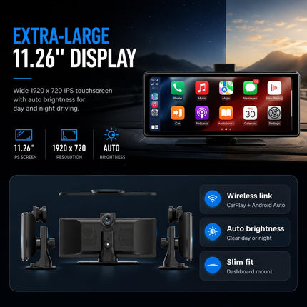 VOLTANO 11.26" Wireless CarPlay Android Auto Screen Front & Rear Cameras