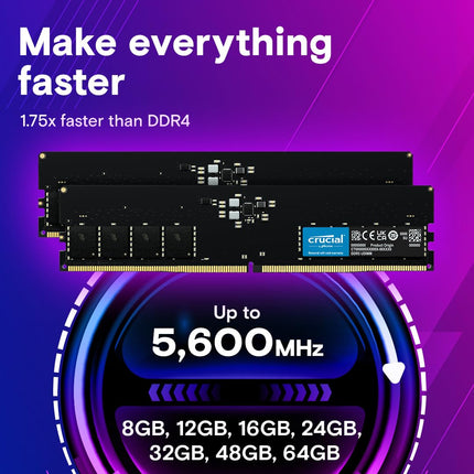 Crucial DDR5 RAM 32GB Kit (2x16GB) 5600MHz, Desktop Computer Memory, (or 5200MHz, 4800MHz) CL46 - CT2K16G56C46U5