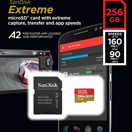 SanDisk Extreme 256GB microSDXC UHS-I U3 V30 A2 160MB/s Read Memory Card