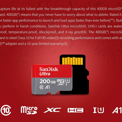 SanDisk Ultra 200GB microSDXC UHS-I Class 10 Up to 90MB/s Read Memory Card