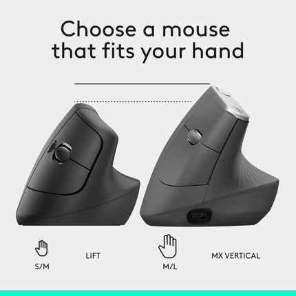 Logitech Lift Wireless Vertical Ergonomic Computer Mouse 4000 DPI Graphite