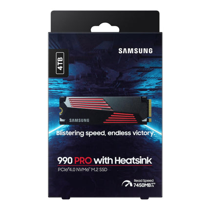 Samsung 990 PRO Heatsink NVMe M.2 SSD with heat sink, 4 TB, PCIe 4.0, 7,450 MB/s read, 6,900 MB/s write, Internal SSD with RGB for PC/console gaming and video editing, MZ-V9P4T0CW