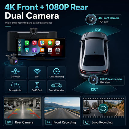 VOLTANO 11.26" Wireless CarPlay Android Auto Screen Front & Rear Cameras