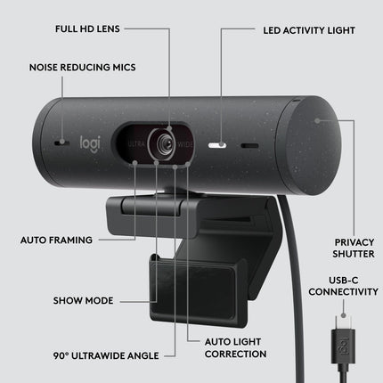 Logitech Brio 505 Full HD 1080p USB-C Webcam with HDR and Autofocus - Grey
