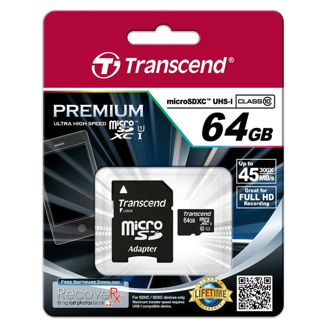 Transcend Premium 64GB microSDXC UHS-I U1 Up to 90MB/s Read Memory Card