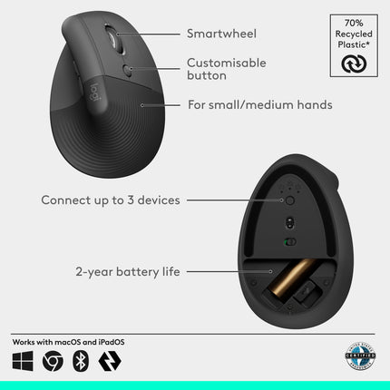 Logitech Lift Wireless Vertical Ergonomic Computer Mouse 4000 DPI Graphite