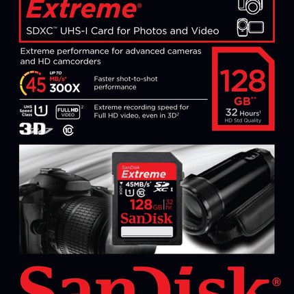 SanDisk Extreme 128GB SDXC UHS-I Class 10 Up to 45MB/s Read Memory Card