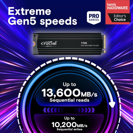 Crucial T705 1TB M.2 2280 NVMe SSD, PCIe 5.0 x4, Internal SSD with Heatsink