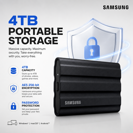 Samsung T7 Shield 4TB USB-C Rugged External SSD Black