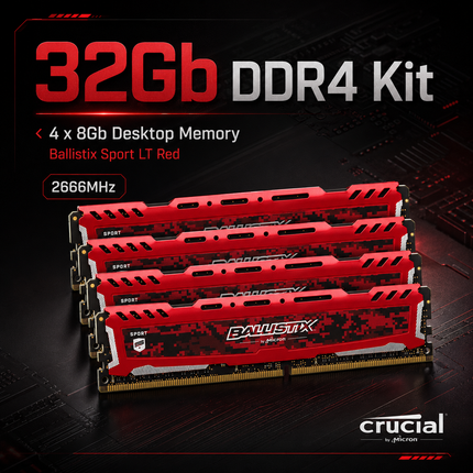 Crucial Ballistix Sport LT 32GB 4 x 8GB DDR4 2666MHz CL16 Desktop PC RAM