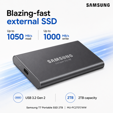 Samsung T7 2TB Portable SSD USB-C 1050MB/s Grey