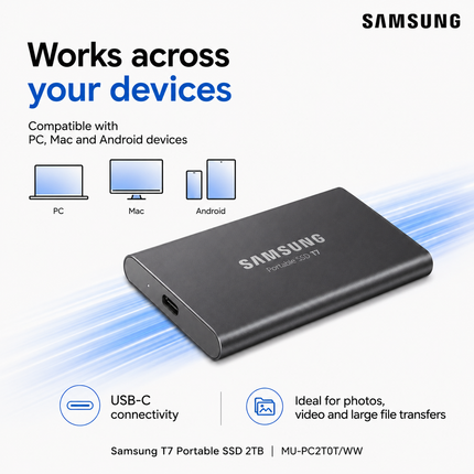 Samsung T7 2TB Portable SSD USB-C 1050MB/s Grey