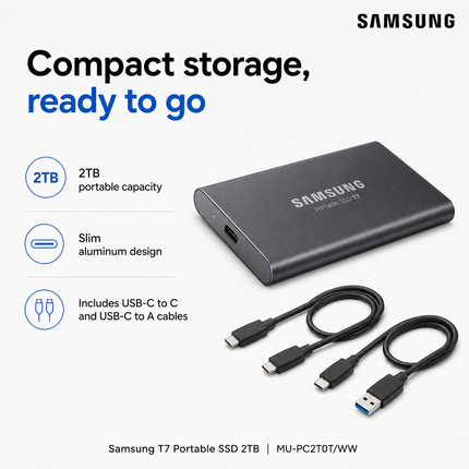 Samsung T7 2TB Portable SSD USB-C 1050MB/s Grey