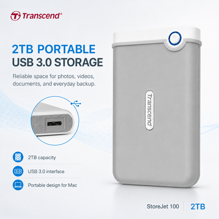 Transcend StoreJet 100 2TB Portable External Hard Drive for Mac