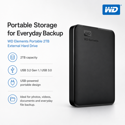 WD Elements Portable 2TB USB External Hard Drive