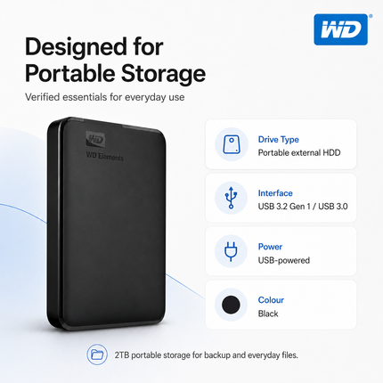 WD Elements Portable 2TB USB External Hard Drive