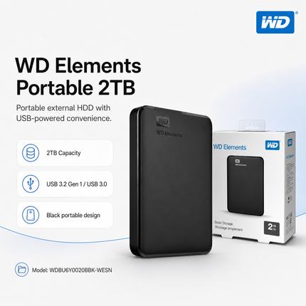 WD Elements Portable 2TB USB External Hard Drive