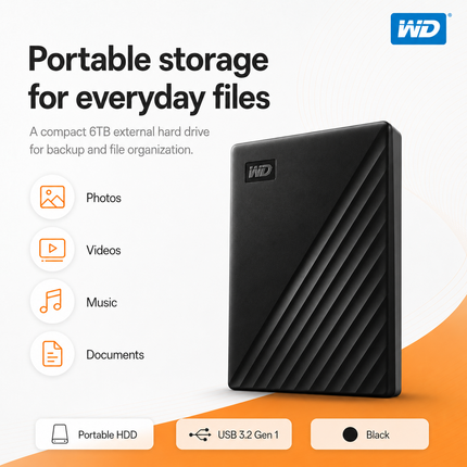 WD My Passport 6TB Portable External Hard Drive Black